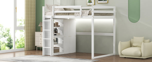English Elm Wood Full Size Loft Bed with Built-in Wardrobe, 4-Tier Storage Shelves, LED Light, Pine MDF Durable White GX000463AAK