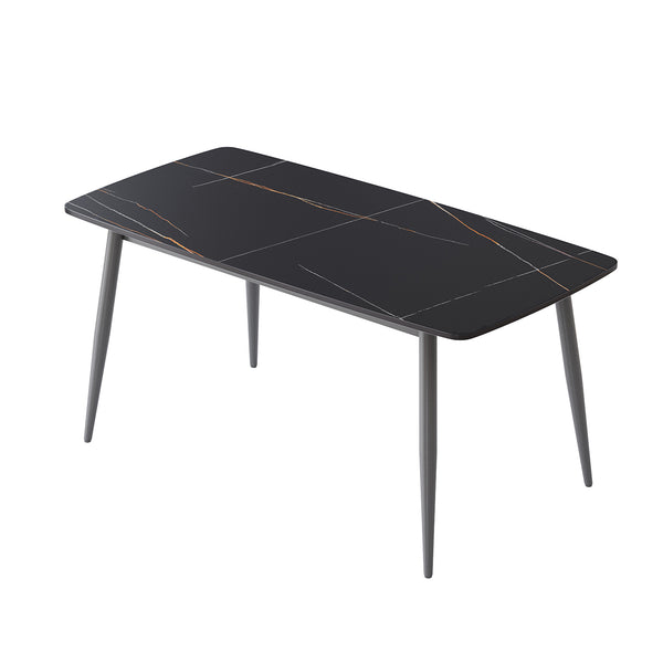 English Elm 62.99" Modern Artificial Stone Dining Table With Curved Black Top & Dark Grey Metal Legs For 6 Guests W1535S00507