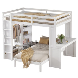 English Elm Queen Multifunctional Solid Wood Bunk Bed With Desk, Dismountable Twin Bed, Shelves & Wardrobe W1580S00214-GIGA