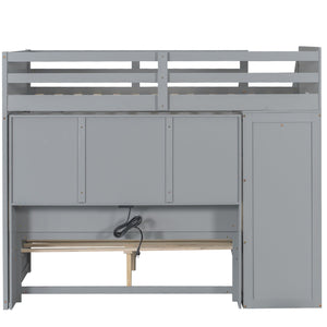 English Elm Twin Over Full Bunk Bed with Wardrobe Storage Stairs Shelves and Usb Charging Gray LT000292AAE