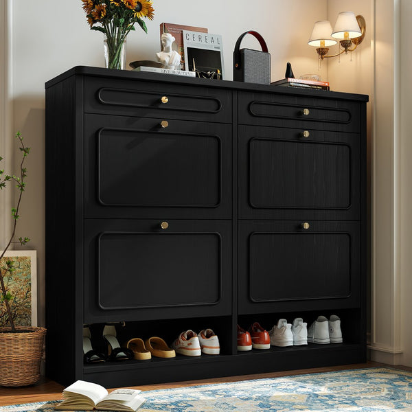 English Elm Wooden Farmhouse Entryway Shoe Cabinet with Six Drawers for Organized Hallway Storage Black W1580P402824