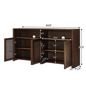 English Elm 63" Mid Century Modern Rattan Sideboard Buffet Cabinet with Adjustable Shelves, Durable Craftsmanship and Outlet Access for Living Room Storage and TV Console Walnut W1801P371658