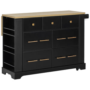 English Elm K&K Rustic Kitchen Island Cart with 6 Drawers, Pull-Out Trash Cabinet, Drop Leaf & Built-In Charging Station Black N707P307292B