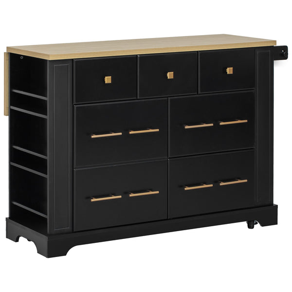 English Elm K&K Rustic Kitchen Island Cart with 6 Drawers, Pull-Out Trash Cabinet, Drop Leaf & Built-In Charging Station Black N707P307292B