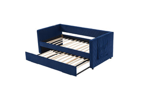 English Elm Twin Velvet Upholstered Daybed with Trundle, V-Pattern Backrest, USB Port, Side Pockets, Sturdy Design Navy W1361S00044