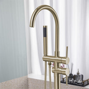 English Elm Floor Mount freestanding bathtub faucet with matte black finish, high-flow single-handle tub filler with handheld shower and 360° swivel spout, durable stainless steel and brass construction Brushed Gold T3177P277534