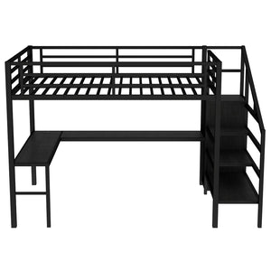 English Elm Queen Size Loft Bed With Integrated L-Shaped Desk, Usb Ports, Wardrobe, Led Lighting, Black Finish W1580S00106-GIGA