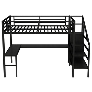 English Elm Twin Xl Metal Loft Bed with Stair Storage Shelves Sturdy Steel Frame for Dorms W1580S00545