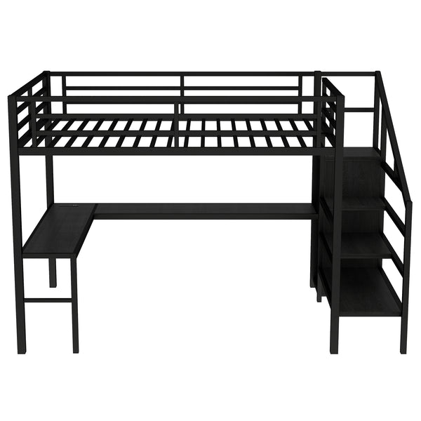 English Elm Twin Xl Metal Loft Bed with Stair Storage Shelves Sturdy Steel Frame for Dorms W1580S00545