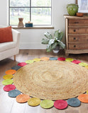 Unique Loom Braided Jute Circles Hand Braided Solid Rug Natural, Gray/Green/Orange/Yellow/Pink 6' 1" x 6' 1"