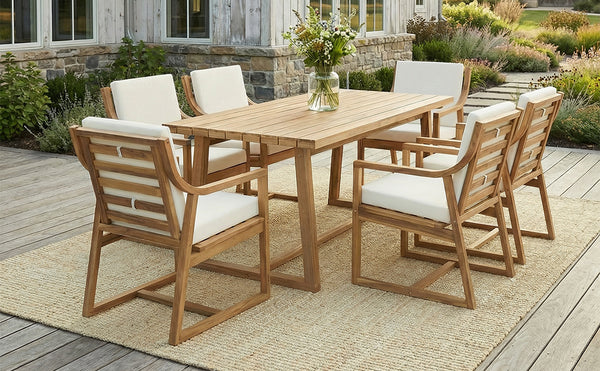 English Elm Outdoor Acacia Wood Dining Set Seats Six with Cushioned Armrest Chairs for Patio Teak+ Beige N719Z000231L