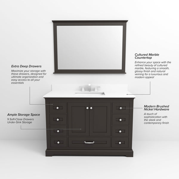 English Elm Espresso 48" Single Bath Vanity with Cultured Marble Top, Solid Wood, Soft-Close Drawers & Storage B2731P258365