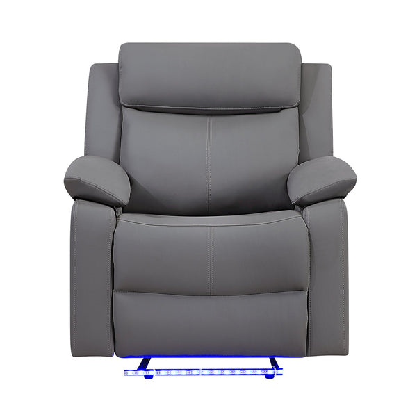 English Elm Blanche 3 Piece Reclining Sofa Set with Led Lighting Speakers and Glider Recliner Grey B201S00470