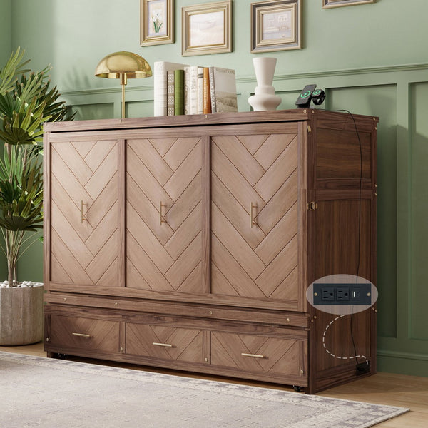 English Elm Queen Cabinet Murphy Bed Pine Wood Frame Geometric Panel Usb Charging Guest Room W504S00306