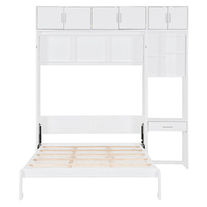 English Elm Queen Murphy Bed with Integrated Desk Cabinet Shelves Space Saving Studio Solution White N708S00021K-1