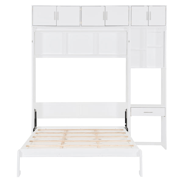 English Elm Queen Murphy Bed with Integrated Desk Cabinet Shelves Space Saving Studio Solution White N708S00021K-1