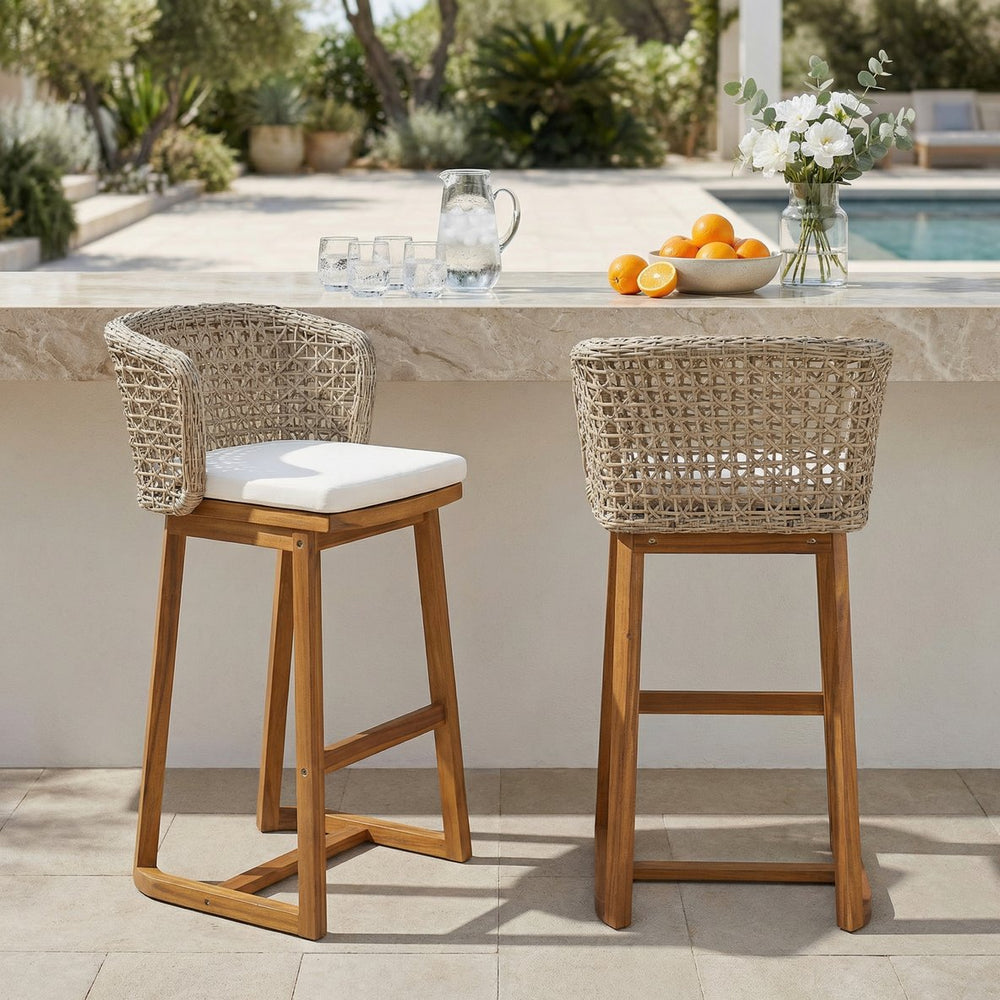 English Elm Outdoor Acacia Teak Bar Stools Set of 2 Wicker Back with Cushioned Patio Seating N773P306707B