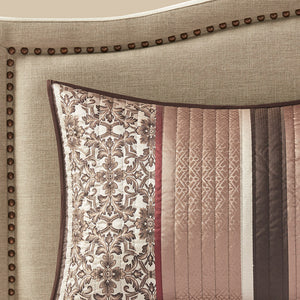 JLA Home Madison Park - 5 Reversible Jacquard Quilt Set with Chocolate Base, Leaf & Medallion Motifs, Pleated Embroidered Pillows Red MP13-616