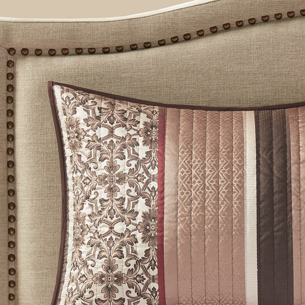 JLA Home Madison Park - 5 Reversible Jacquard Quilt Set with Chocolate Base, Leaf & Medallion Motifs, Pleated Embroidered Pillows Red MP13-616