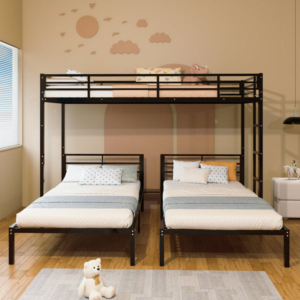 English Elm Triple Bunk Bed Steel Frame Sleeps Three Kids with Noise Reduced Powder Coated Design W3752S00013