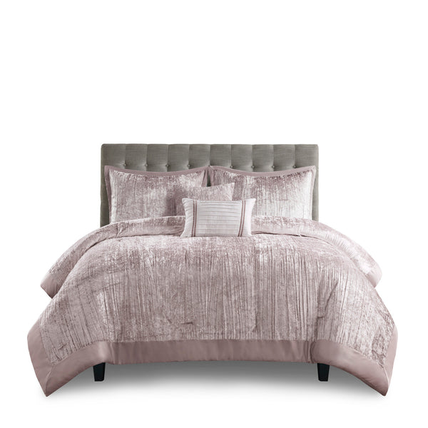 English Elm 5 Piece Crinkle Velvet Comforter Set King/Cal King Luxe Glam Crushed Pleat Charmeuse Trim, Hypoallergenic Filling Blush 19.29 L x 23.62 W x 12.2 H B035P148352