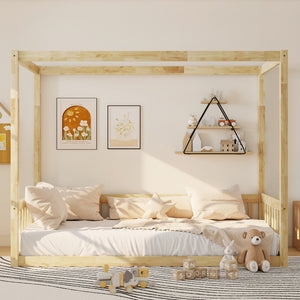 English Elm Twin Canopy Floor Bed Rubberwood Frame with Fence Guardrails for Kids Bedroom Natural W504P351804