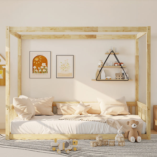 English Elm Twin Canopy Floor Bed Rubberwood Frame with Fence Guardrails for Kids Bedroom Natural W504P351804