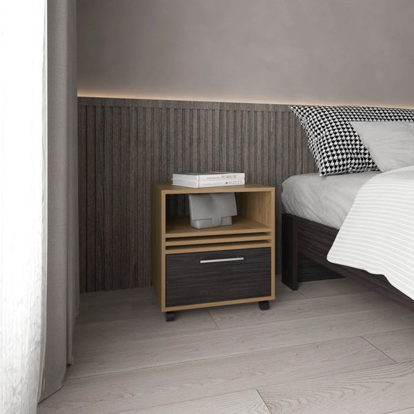 English Elm Nightstand, Mobile 1-Drawer with Shelf in Natural Oak & Black — Sustainable Engineered Wood, Compact Design B097P262382