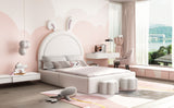 English Elm Full Size Upholstered Rabbit-Shape Bed With 2 Storage Stools, Velvet Platform Bed With Cartoon Ears Shaped Headboard, White