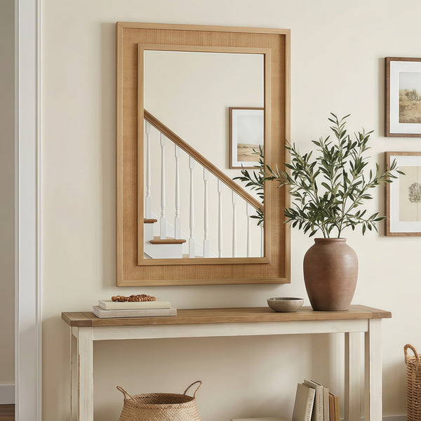 English Elm Natural Rattan Wrapped Solid Wood Rectangular Mirror Handcrafted Farmhouse Bathroom Entryway Natural Wood W2203P436617