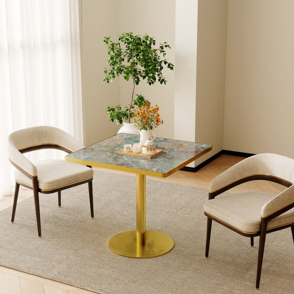 English Elm Square Bistro Dining Table Faux Marble Top Tulip Pedestal Base Gold Metal Frame W3316P421499