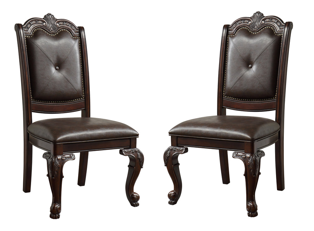 English Elm 2pc Traditional Dining Side Chairs with Carved Frames, Tufted Faux Leather Seats, Rich Dark Brown Finish B2741P372235