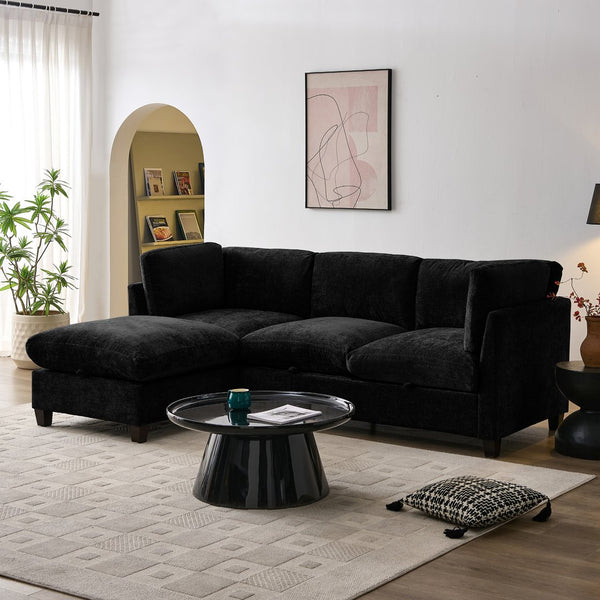 English Elm 96.5" L-shaped Chenille Sectional with Storage Ottoman Eucalyptus Frame Living Room Black W1097S00282