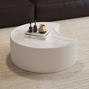 English Elm Light Sintered Stone Organic Sculptural Coffee Table with Leather Base for Living Room Cream White W3081P411152