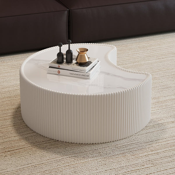 English Elm Light Sintered Stone Organic Sculptural Coffee Table with Leather Base for Living Room Cream White W3081P411152