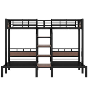 English Elm Twin Metal Bunk Bed - Triple Space-Saving Design With Storage Shelves & Stairs, Modern Black Finish W1580S00209-GIGA