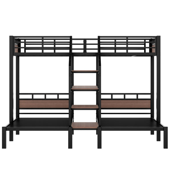 English Elm Twin Metal Bunk Bed - Triple Space-Saving Design With Storage Shelves & Stairs, Modern Black Finish W1580S00209-GIGA