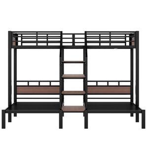 English Elm Twin Triple Bunk Bed Black Metal Frame with Built-in Storage Stairs and Shelves W1580S00619