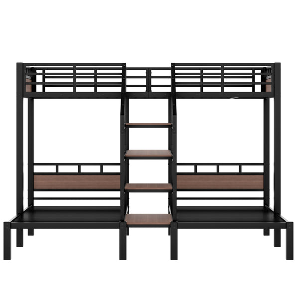 English Elm Twin Triple Bunk Bed Black Metal Frame with Built-in Storage Stairs and Shelves W1580S00619