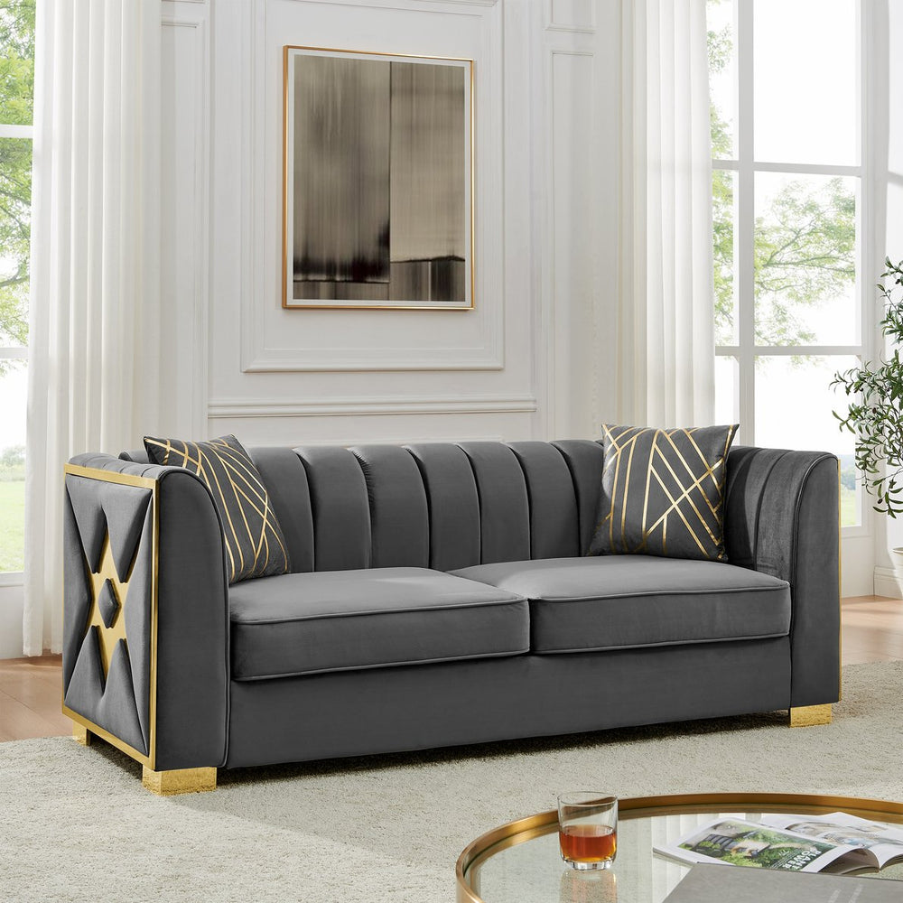 English Elm 81" Tufted Velvet Chesterfield Sofa with Gold Steel Legs for Elegant Living Rooms W1191S00064