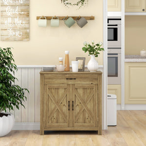 English Elm HOMCOM Rustic Farmhouse Sideboard Buffet Cabinet with Barn Doors, Drawer & Adjustable Shelves for Entryway Natural Wood W2225P229125