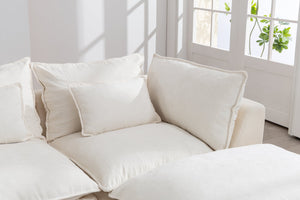 English Elm 129.8" Wide Modular Cloud Sectional Cotton Linen Sofa with Deep Foam Seats and Ottomans Antique White W2530S00016