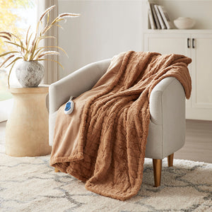 JLA Home Beautyrest - Oversized Plush Faux Fur Heated Throw with Secure Comfort, Low EMF, OEKO‑TEX, Machine Washable Brown Texture BR54-4699