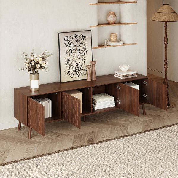 English Elm 70 Inch Fluted Entertainment Center Walnut Finish Solid Wood Legs Soft Close Storage N710P372582P