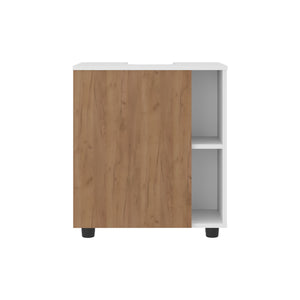 English Elm White Under Sink Cabinet with Natural Oak Accents, 1-Door & 5 Open Shelves for Tidy Bathrooms B062P380060