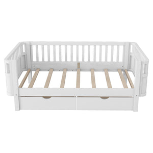 English Elm Twin Solid Wood Platform Bed with Guardrail for Kids, Low-Profile Sturdy Pine Frame, Safe Sleep Solution White 69.69 L x 18.5 W x 7.68 H W2593P331678