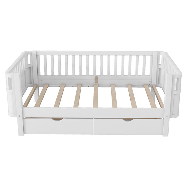 English Elm Twin Solid Wood Platform Bed with Guardrail for Kids, Low-Profile Sturdy Pine Frame, Safe Sleep Solution White 69.69 L x 18.5 W x 7.68 H W2593P331678