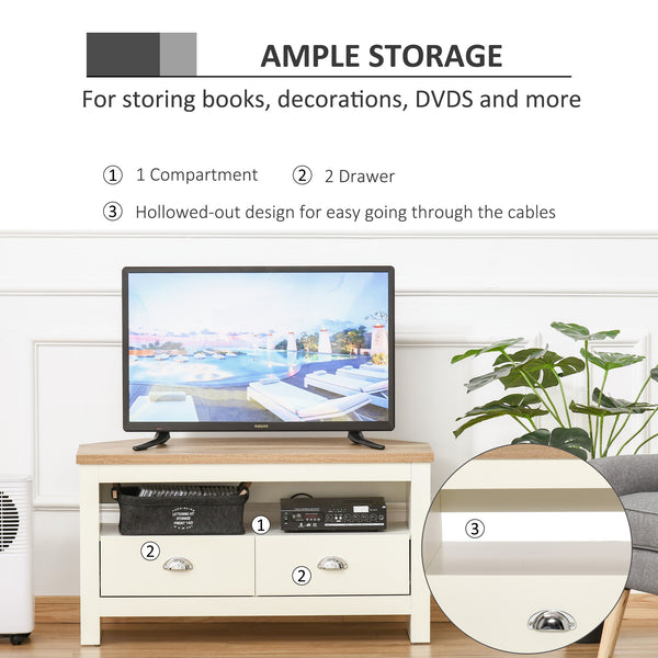 English Elm HOMCOM Corner TV Stand for TVs up to 50" — Trapezoid Corner Console with Drawers & Open Shelf, White W2225P217448
