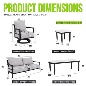 English Elm 6pc Outdoor Aluminum Conversation Set Sintered Stone Tables Sunbrella Cushion Swivel Chairs W1886S00044