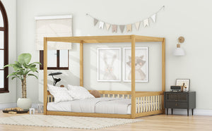 English Elm Full Size Canopy Floor Bed In Natural Rubberwood With Guardrails - Perfect For Kids' Imagination! W504P345756